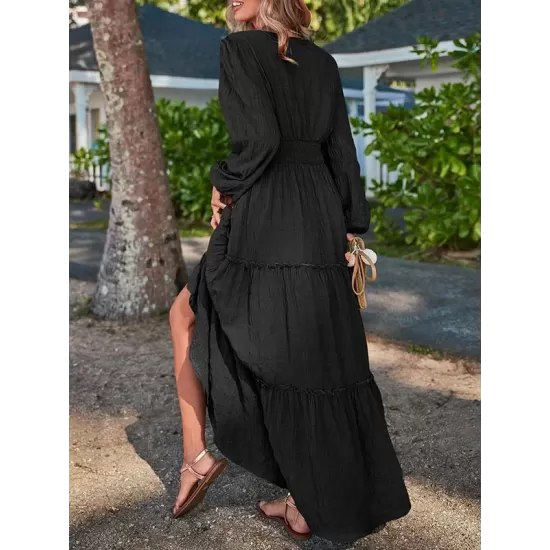 Elasticity Solid Color Split-Joint A-Line Long Sleeves V-Neck Maxi Dresses Elasticity Solid Color Split-Joint A-Line Long Sleeves V-Neck Maxi Dresses