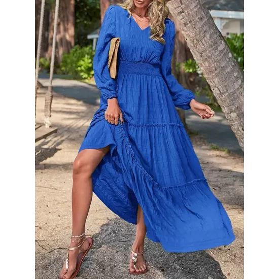 Elasticity Solid Color Split-Joint A-Line Long Sleeves V-Neck Maxi Dresses Elasticity Solid Color Split-Joint A-Line Long Sleeves V-Neck Maxi Dresses