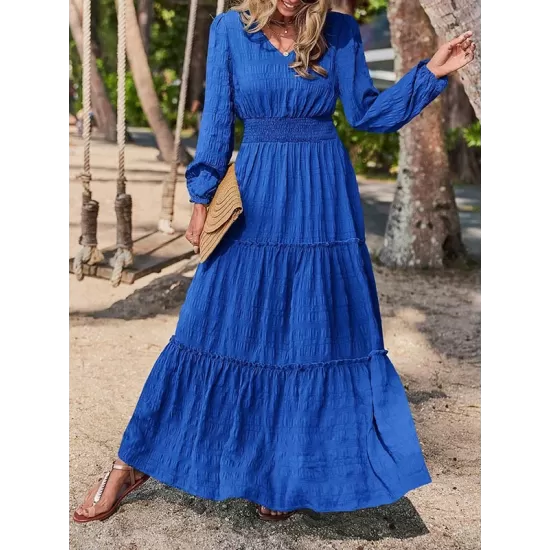 Elasticity Solid Color Split-Joint A-Line Long Sleeves V-Neck Maxi Dresses Elasticity Solid Color Split-Joint A-Line Long Sleeves V-Neck Maxi Dresses