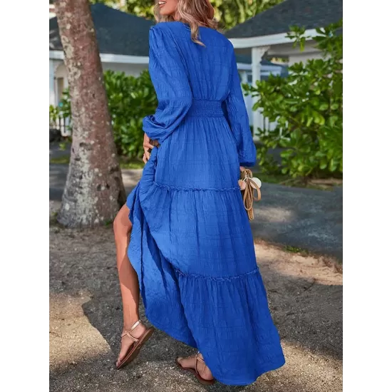 Elasticity Solid Color Split-Joint A-Line Long Sleeves V-Neck Maxi Dresses Elasticity Solid Color Split-Joint A-Line Long Sleeves V-Neck Maxi Dresses
