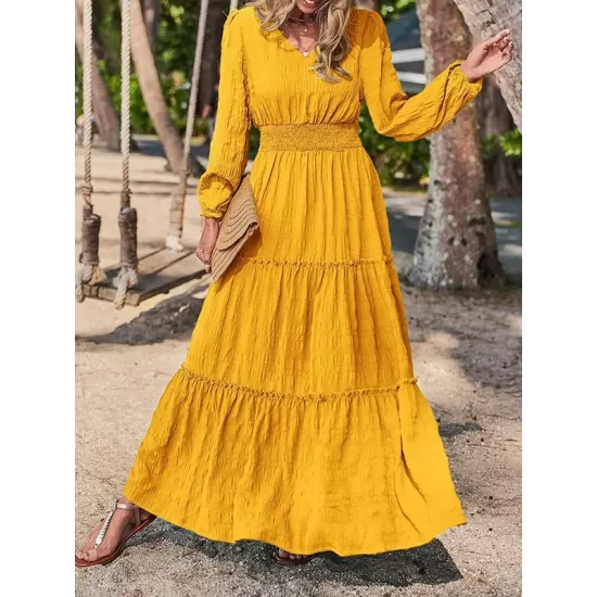 Elasticity Solid Color Split-Joint A-Line Long Sleeves V-Neck Maxi Dresses Elasticity Solid Color Split-Joint A-Line Long Sleeves V-Neck Maxi Dresses