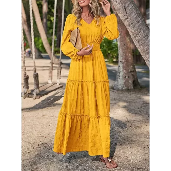 Elasticity Solid Color Split-Joint A-Line Long Sleeves V-Neck Maxi Dresses Elasticity Solid Color Split-Joint A-Line Long Sleeves V-Neck Maxi Dresses