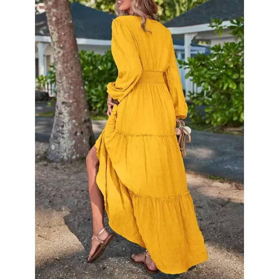 Elasticity Solid Color Split-Joint A-Line Long Sleeves V-Neck Maxi Dresses Elasticity Solid Color Split-Joint A-Line Long Sleeves V-Neck Maxi Dresses