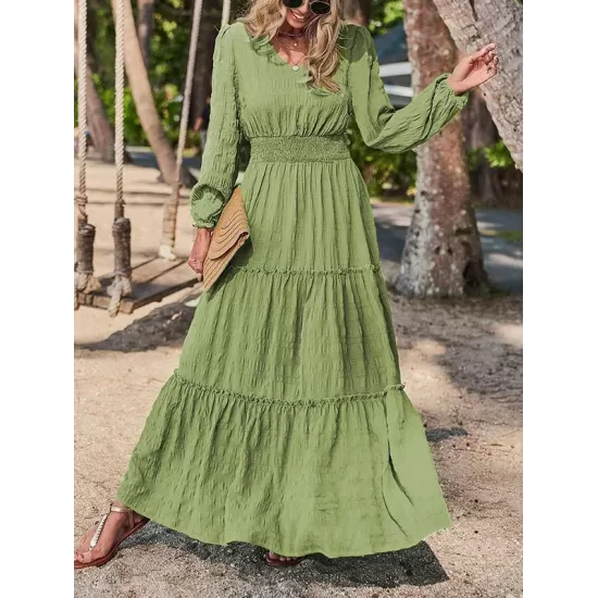 Elasticity Solid Color Split-Joint A-Line Long Sleeves V-Neck Maxi Dresses Elasticity Solid Color Split-Joint A-Line Long Sleeves V-Neck Maxi Dresses