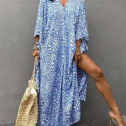 Leopard Split-Side Sun Protection Batwing Sleeves Loose V-Neck Maxi Dresses Cover-Ups Swimwear