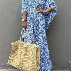 Leopard Split-Side Sun Protection Batwing Sleeves Loose V-Neck Maxi Dresses Cover-Ups Swimwear