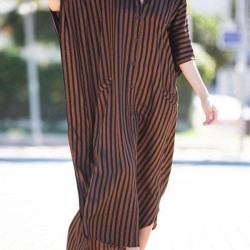 Buttoned Pockets Striped Batwing Sleeves Half Sleeves Round-Neck Maxi Dresses Beach Cover-Up
