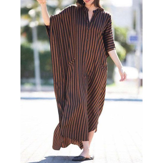 Buttoned Pockets Striped Batwing Sleeves Half Sleeves Round-Neck Maxi Dresses Beach Cover-Up Buttoned Pockets Striped Batwing Sleeves Half Sleeves Round-Neck Maxi Dresses Beach Cover-Up