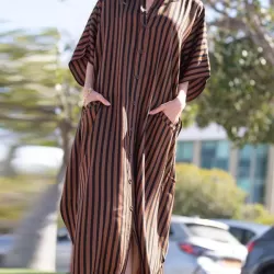 Buttoned Pockets Striped Batwing Sleeves Half Sleeves Round-Neck Maxi Dresses Beach Cover-Up