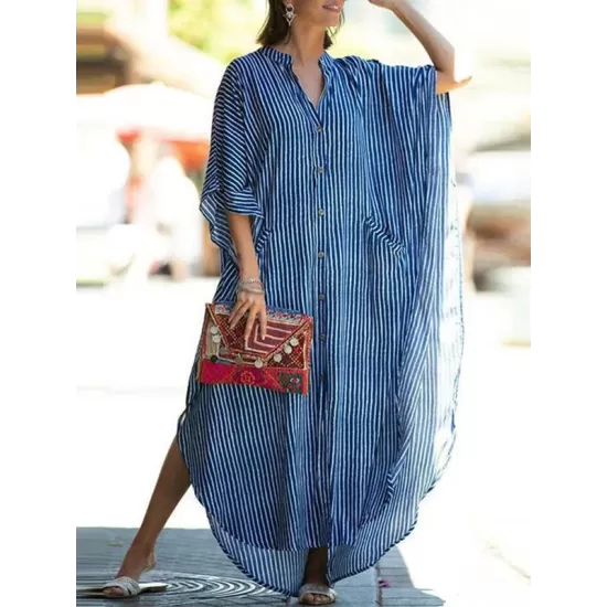 Buttoned Pockets Striped Batwing Sleeves Half Sleeves Round-Neck Maxi Dresses Beach Cover-Up Buttoned Pockets Striped Batwing Sleeves Half Sleeves Round-Neck Maxi Dresses Beach Cover-Up