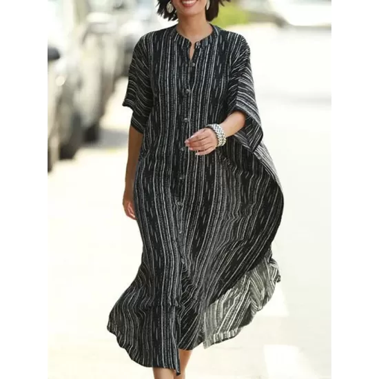 Buttoned Pockets Striped Batwing Sleeves Half Sleeves Round-Neck Maxi Dresses Beach Cover-Up Buttoned Pockets Striped Batwing Sleeves Half Sleeves Round-Neck Maxi Dresses Beach Cover-Up