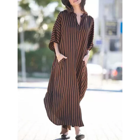Buttoned Pockets Striped Batwing Sleeves Half Sleeves Round-Neck Maxi Dresses Beach Cover-Up Buttoned Pockets Striped Batwing Sleeves Half Sleeves Round-Neck Maxi Dresses Beach Cover-Up