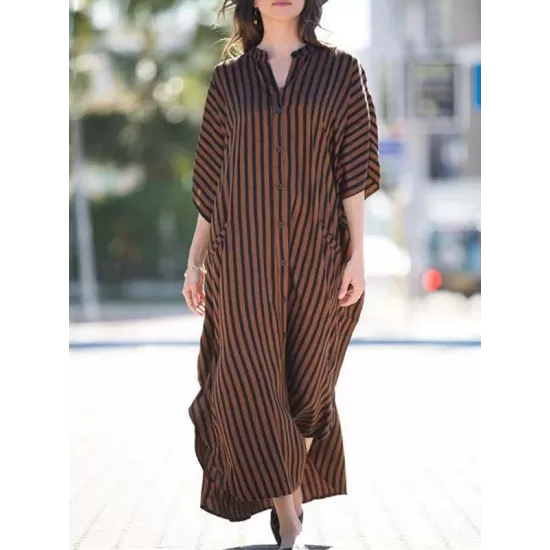 Buttoned Pockets Striped Batwing Sleeves Half Sleeves Round-Neck Maxi Dresses Beach Cover-Up Buttoned Pockets Striped Batwing Sleeves Half Sleeves Round-Neck Maxi Dresses Beach Cover-Up