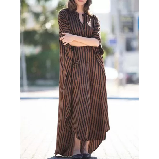Buttoned Pockets Striped Batwing Sleeves Half Sleeves Round-Neck Maxi Dresses Beach Cover-Up Buttoned Pockets Striped Batwing Sleeves Half Sleeves Round-Neck Maxi Dresses Beach Cover-Up