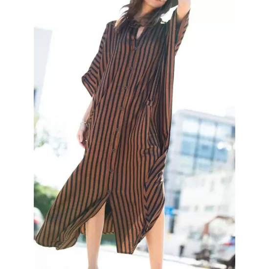 Buttoned Pockets Striped Batwing Sleeves Half Sleeves Round-Neck Maxi Dresses Beach Cover-Up Buttoned Pockets Striped Batwing Sleeves Half Sleeves Round-Neck Maxi Dresses Beach Cover-Up