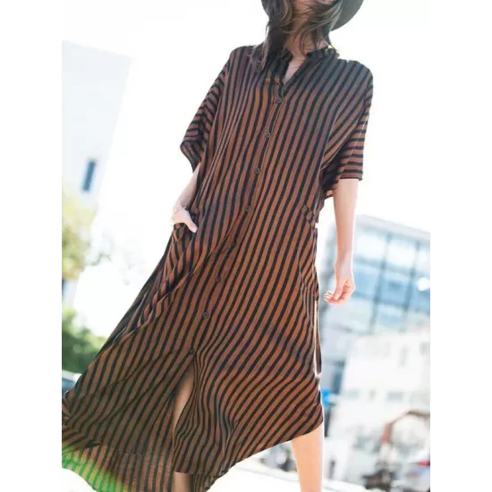 Buttoned Pockets Striped Batwing Sleeves Half Sleeves Round-Neck Maxi Dresses Beach Cover-Up Buttoned Pockets Striped Batwing Sleeves Half Sleeves Round-Neck Maxi Dresses Beach Cover-Up