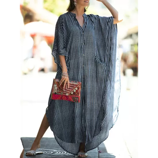 Buttoned Pockets Striped Batwing Sleeves Half Sleeves Round-Neck Maxi Dresses Beach Cover-Up Buttoned Pockets Striped Batwing Sleeves Half Sleeves Round-Neck Maxi Dresses Beach Cover-Up