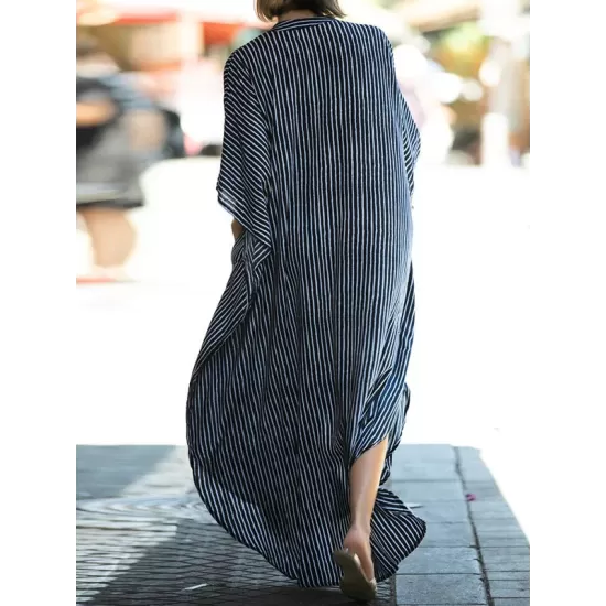 Buttoned Pockets Striped Batwing Sleeves Half Sleeves Round-Neck Maxi Dresses Beach Cover-Up Buttoned Pockets Striped Batwing Sleeves Half Sleeves Round-Neck Maxi Dresses Beach Cover-Up