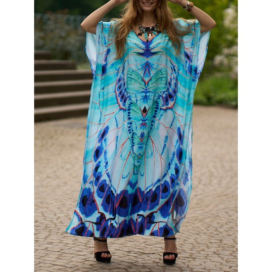 Butterfly Print Split-side Batwing Sleeves Loose V-neck Maxi Dresses Beach Cover-Up Butterfly Print Split-side Batwing Sleeves Loose V-neck Maxi Dresses Beach Cover-Up