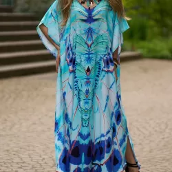 Butterfly Print Split-side Batwing Sleeves Loose V-neck Maxi Dresses Beach Cover-Up