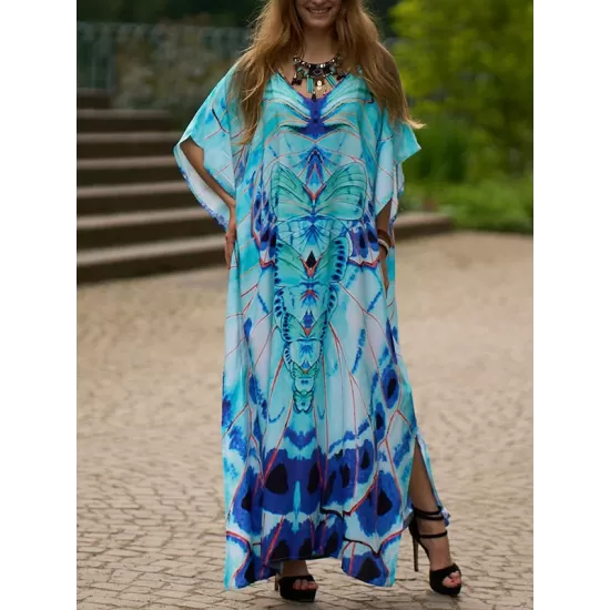 Butterfly Print Split-side Batwing Sleeves Loose V-neck Maxi Dresses Beach Cover-Up Butterfly Print Split-side Batwing Sleeves Loose V-neck Maxi Dresses Beach Cover-Up