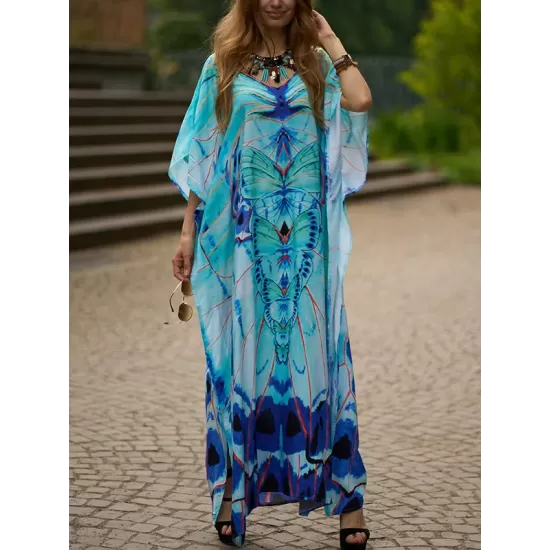 Butterfly Print Split-side Batwing Sleeves Loose V-neck Maxi Dresses Beach Cover-Up Butterfly Print Split-side Batwing Sleeves Loose V-neck Maxi Dresses Beach Cover-Up