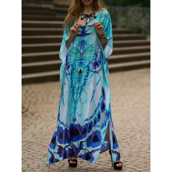 Butterfly Print Split-side Batwing Sleeves Loose V-neck Maxi Dresses Beach Cover-Up Butterfly Print Split-side Batwing Sleeves Loose V-neck Maxi Dresses Beach Cover-Up