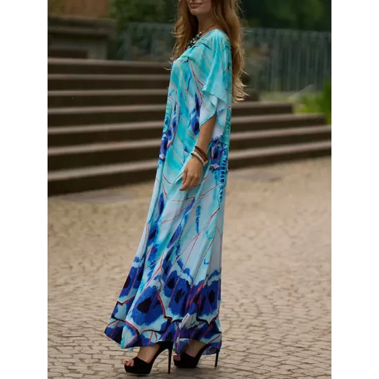 Butterfly Print Split-side Batwing Sleeves Loose V-neck Maxi Dresses Beach Cover-Up Butterfly Print Split-side Batwing Sleeves Loose V-neck Maxi Dresses Beach Cover-Up