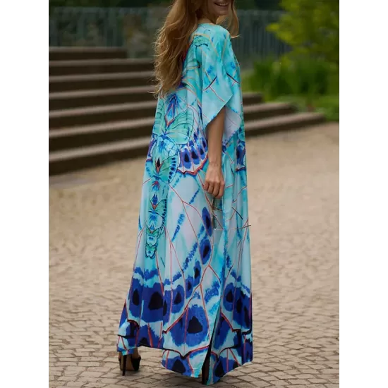 Butterfly Print Split-side Batwing Sleeves Loose V-neck Maxi Dresses Beach Cover-Up Butterfly Print Split-side Batwing Sleeves Loose V-neck Maxi Dresses Beach Cover-Up