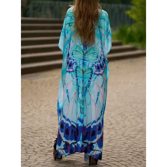 Butterfly Print Split-side Batwing Sleeves Loose V-neck Maxi Dresses Beach Cover-Up Butterfly Print Split-side Batwing Sleeves Loose V-neck Maxi Dresses Beach Cover-Up
