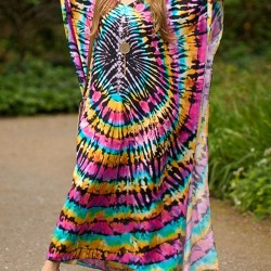 Printed Split-Side Batwing Sleeves Loose V-Neck Maxi Dresses Beach Cover-Up