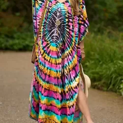 Printed Split-Side Batwing Sleeves Loose V-Neck Maxi Dresses Beach Cover-Up