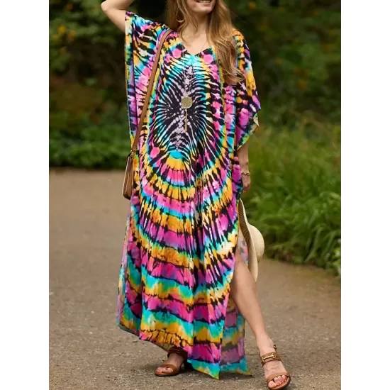 Printed Split-Side Batwing Sleeves Loose V-Neck Maxi Dresses Beach Cover-Up Printed Split-Side Batwing Sleeves Loose V-Neck Maxi Dresses Beach Cover-Up
