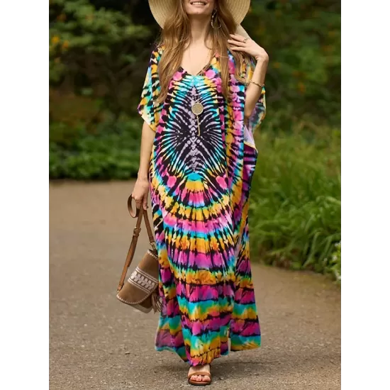 Printed Split-Side Batwing Sleeves Loose V-Neck Maxi Dresses Beach Cover-Up Printed Split-Side Batwing Sleeves Loose V-Neck Maxi Dresses Beach Cover-Up