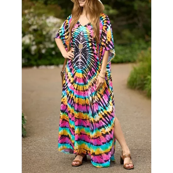 Printed Split-Side Batwing Sleeves Loose V-Neck Maxi Dresses Beach Cover-Up Printed Split-Side Batwing Sleeves Loose V-Neck Maxi Dresses Beach Cover-Up