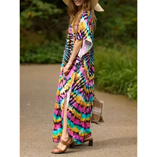 Printed Split-Side Batwing Sleeves Loose V-Neck Maxi Dresses Beach Cover-Up Printed Split-Side Batwing Sleeves Loose V-Neck Maxi Dresses Beach Cover-Up