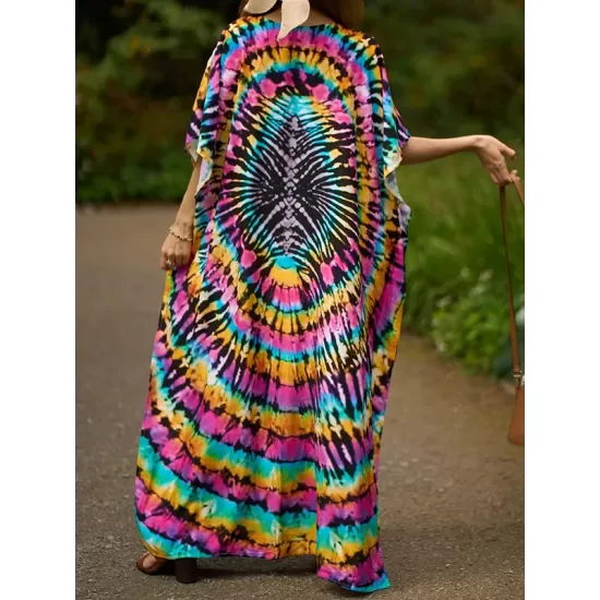 Printed Split-Side Batwing Sleeves Loose V-Neck Maxi Dresses Beach Cover-Up Printed Split-Side Batwing Sleeves Loose V-Neck Maxi Dresses Beach Cover-Up