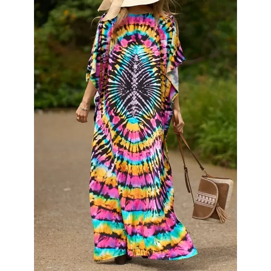 Printed Split-Side Batwing Sleeves Loose V-Neck Maxi Dresses Beach Cover-Up Printed Split-Side Batwing Sleeves Loose V-Neck Maxi Dresses Beach Cover-Up