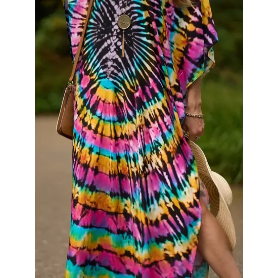 Printed Split-Side Batwing Sleeves Loose V-Neck Maxi Dresses Beach Cover-Up Printed Split-Side Batwing Sleeves Loose V-Neck Maxi Dresses Beach Cover-Up