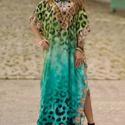 Leopard Printed Split-side Batwing Sleeves Loose V-neck Maxi Dresses Beach Cover-Up