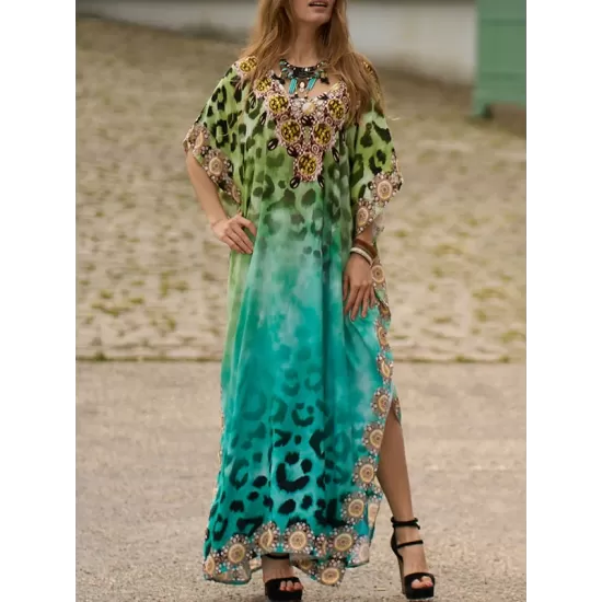 Leopard Printed Split-side Batwing Sleeves Loose V-neck Maxi Dresses Beach Cover-Up Leopard Printed Split-side Batwing Sleeves Loose V-neck Maxi Dresses Beach Cover-Up