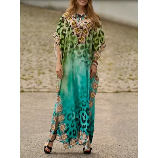 Leopard Printed Split-side Batwing Sleeves Loose V-neck Maxi Dresses Beach Cover-Up Leopard Printed Split-side Batwing Sleeves Loose V-neck Maxi Dresses Beach Cover-Up