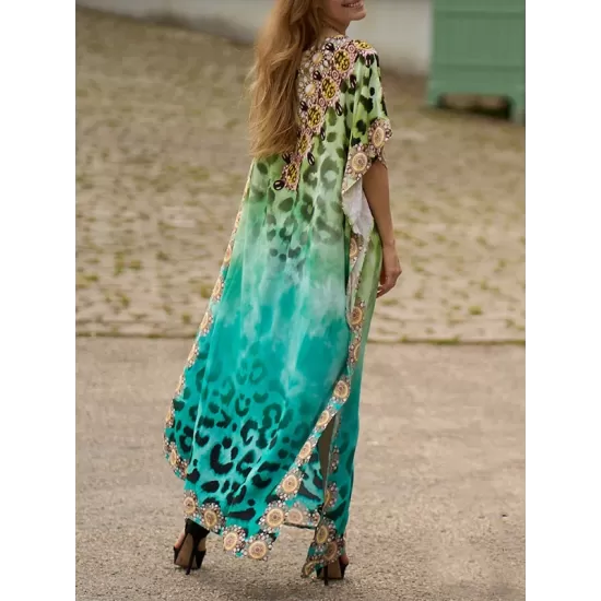 Leopard Printed Split-side Batwing Sleeves Loose V-neck Maxi Dresses Beach Cover-Up Leopard Printed Split-side Batwing Sleeves Loose V-neck Maxi Dresses Beach Cover-Up