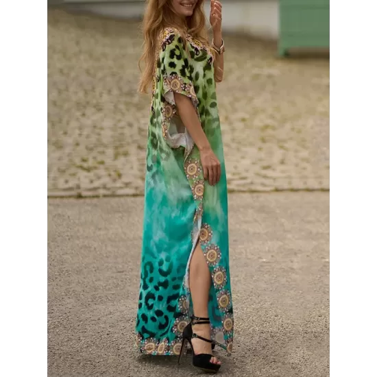 Leopard Printed Split-side Batwing Sleeves Loose V-neck Maxi Dresses Beach Cover-Up Leopard Printed Split-side Batwing Sleeves Loose V-neck Maxi Dresses Beach Cover-Up