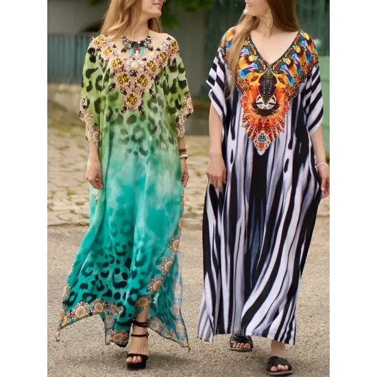 Leopard Printed Split-side Batwing Sleeves Loose V-neck Maxi Dresses Beach Cover-Up Leopard Printed Split-side Batwing Sleeves Loose V-neck Maxi Dresses Beach Cover-Up
