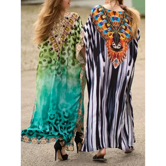 Leopard Printed Split-side Batwing Sleeves Loose V-neck Maxi Dresses Beach Cover-Up Leopard Printed Split-side Batwing Sleeves Loose V-neck Maxi Dresses Beach Cover-Up