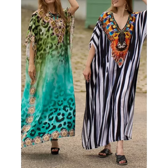 Leopard Printed Split-side Batwing Sleeves Loose V-neck Maxi Dresses Beach Cover-Up Leopard Printed Split-side Batwing Sleeves Loose V-neck Maxi Dresses Beach Cover-Up