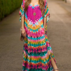 Split-side Tie-dyed Batwing Sleeves Loose V-neck Maxi Dresses Beach Cover-Up