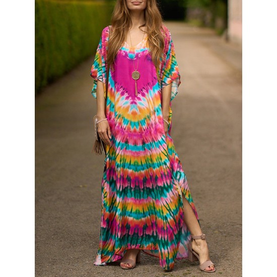 Split-side Tie-dyed Batwing Sleeves Loose V-neck Maxi Dresses Beach Cover-Up Split-side Tie-dyed Batwing Sleeves Loose V-neck Maxi Dresses Beach Cover-Up