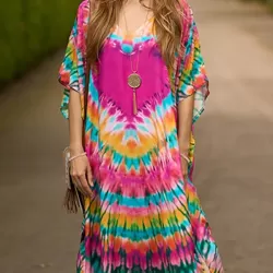 Split-side Tie-dyed Batwing Sleeves Loose V-neck Maxi Dresses Beach Cover-Up